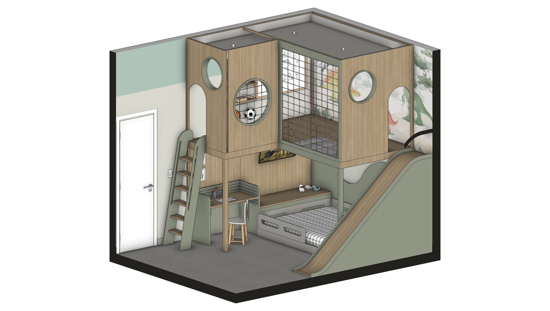 Modelagem 3D em planta baixa de quarto infantil, desenvolvida a partir do arquivo SketchUp