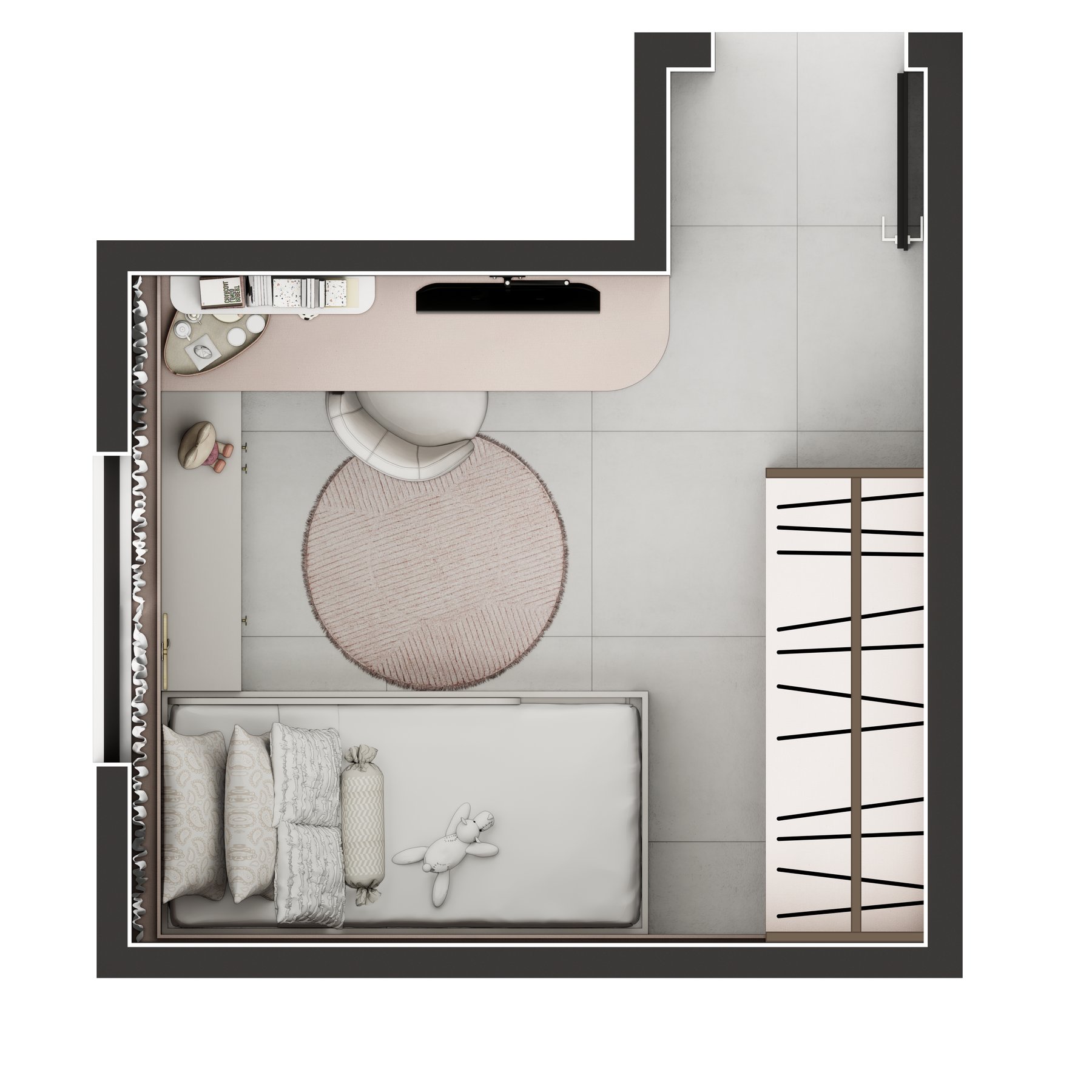 Modelagem 3D isométrica de quarto infantil com mezanino e escorregador, desenvolvida a partir do arquivo SketchUp