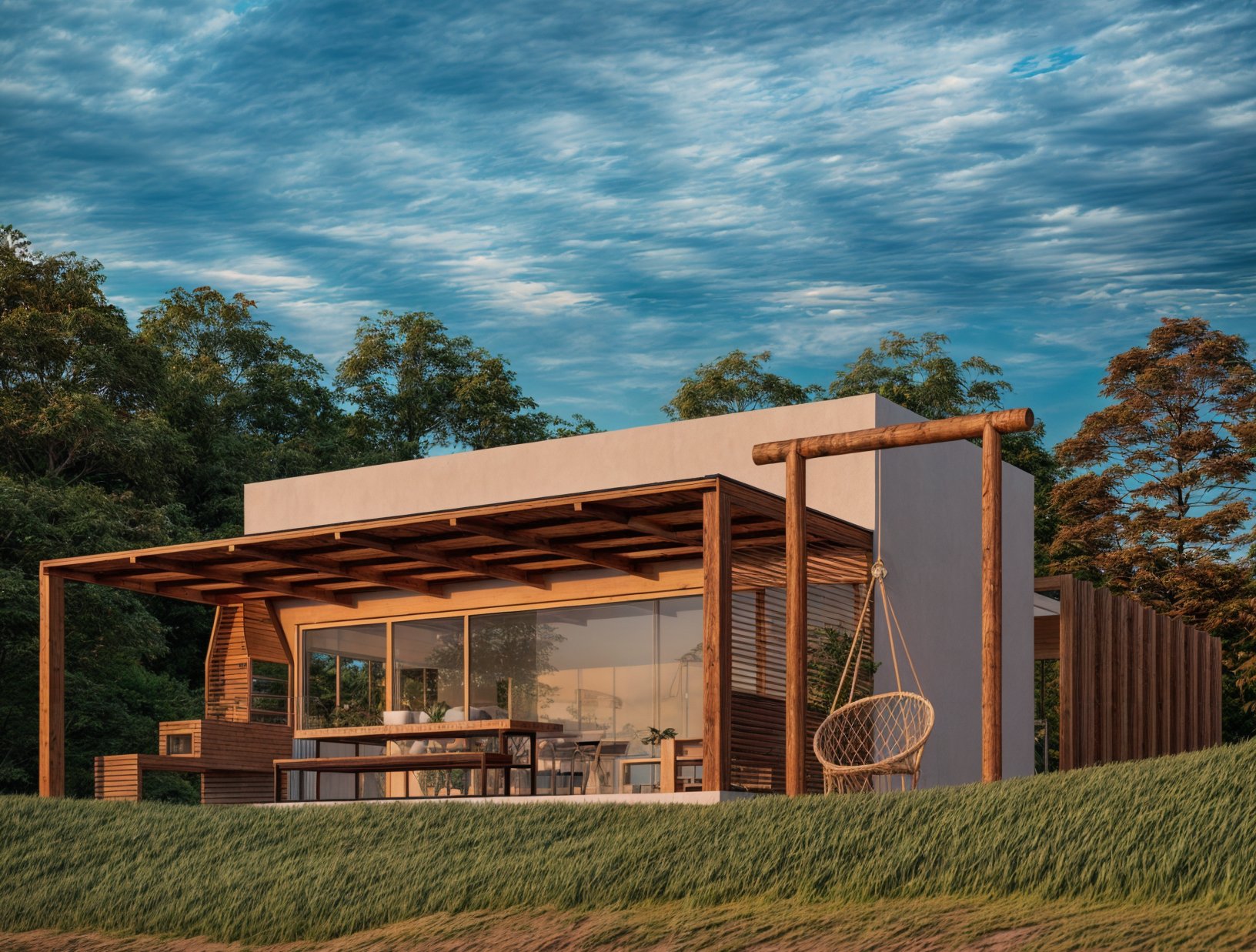 Projeto residencial contemporâneo assinado por LS Arquitetura, integrando madeira, concreto e paisagismo ao entardecer